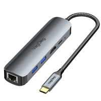 Hub USB C 5 in 1 Adaptor Multiport 100W Power Delivery RJ45 Gigabit 2 Port Data USB3.0-A untuk iPhone 16 Pro/Pro Max XPS Thinkpad