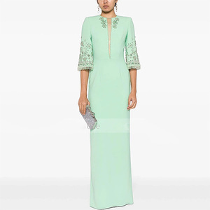 A10732 Migugarment Elegante Abito da Festa per Signore con Strass Luccicanti, Ricamo Floreale, Mezza Manica e Spacco Alto, Vestito Lungo - Product Image 1