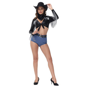 Carnaval Halloween Lady Black Leather <span class=keywords><strong>Sexy</strong></span> West Cowboy Costume Pioneer Cowgirl Tassels Clubwear Roleplay Cosplay Shorts y Tops - Product Image 4