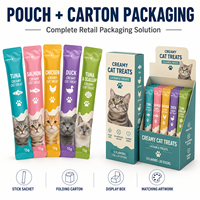 Sachet personnalisé à haute barrière pour bâtonnets de friandises pour chats, emballage scellé sur trois côtés pour aliments humides pour animaux et purée pour chats