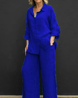 Ensemble coordonné en lin pour femmes, tendance, 2 pièces, coupe ample, chemise à manches longues, pantalon large