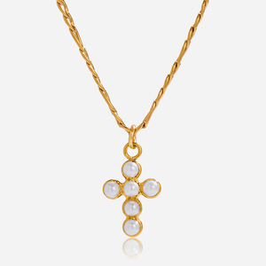 Collar con colgante de cruz de acero inoxidable con bisel de perlas de imitación para mujer, regalo de joyería - Product Image 1
