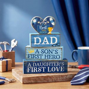 Décor en blocs <span class=keywords><strong>de</strong></span> bois 'Meilleur Papa <span class=keywords><strong>de</strong></span> Tous les Temps' avec support d'étagère à niveaux, Cadeau Fête des Pères Anniversaire, Panneau d'émotion 'Héroïque Amour' - Product Image 6