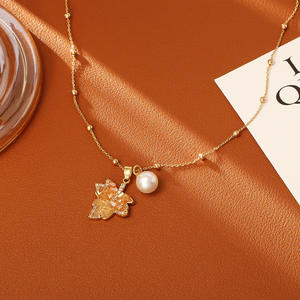 Collar de Cadena Larga Ajustable con Hoja de Arce y Perla de Cobre para Mujer, Colgante de Hoja de Arce con Degradado - Product Image 2