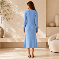 Maßgeschneiderte Damenkleider Himmelblau V-Ausschnitt Langarm Gerippt Figurbetont Elegant Lässig Gestrickte Midi-Kleider