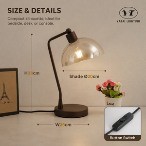Lampe de table moderne en métal, corps en fer, abat-jour en verre ambré, ampoule E27, lumière chaude pour chambre à coucher, chevet, lecture, bureau, interrupteur à bouton - Product Image 4