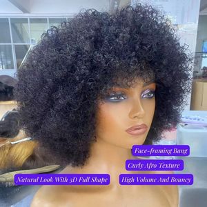 Peluca Afro Rizada Corta y Voluminosa, Estilo <span class=keywords><strong>Shaggy</strong></span>, Lista para Usar, Sin Pegamento, con Flequillo, 100% Cabello Humano, Pelucas Esponjosas Sin Pegamento - Product Image 3