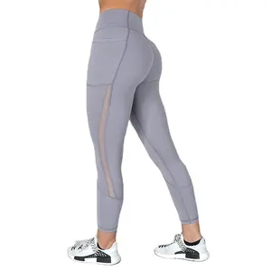 Legging Trainer Pinggang Spandeks Ukuran Plus XL dengan Saku Dalam Pengangkat Pantat Seksi Kaki Samping Benang Jaring Kustom untuk Wanita