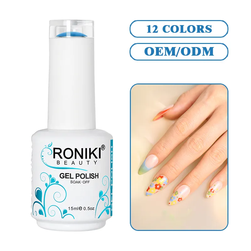 Esmalte de gel de uñas sin hema de fábrica de cosméticos profesionales RONIKI crea tu propia marca logotipo personalizado esmalte de uñas de gel uv al por mayor