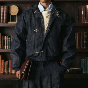 Veste à capuche <span class=keywords><strong>en</strong></span> denim selvedge personnalisée pour homme, lourde, style pompier, bouton de homard, denim brut, texture denim, vêtement de travail, <span class=keywords><strong>bomber</strong></span> - Product Image 3