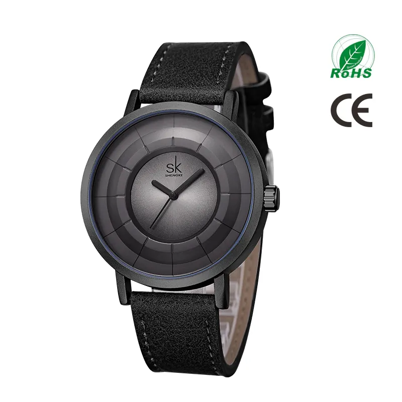 SHENGKE SK Men Watch Leather Band Matte Black Watches Custom Logo Brand Your Name K9015G Alloy Watches