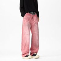 Pantalon long déchiré rose délavé à l'encre, coupe droite ample, style streetwear haut de gamme américain, pour hommes et femmes