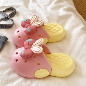 Sabots mignons à oreilles de lapin et nœud de dessin animé, semelle épaisse, chaussures nuages douces, antidérapantes, pantoufles fermées pour femmes, pour l'extérieur en été - Product Image 4