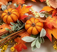 Couronne d'automne en feuilles d'érable et citrouilles - Décoration de porte durable, faite à la main, moderne pour Thanksgiving et Noël