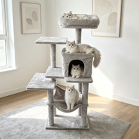 Arbre à chat en bois moderne avec 2 niches, poteau à gratter robuste, écologique, durable, facile à assembler, emballage en carton
