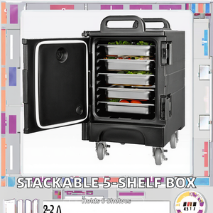 Chariot de nourriture mobile avec 5 plateaux en acier inoxydable, compartiments isolés, 4 roues pour utilisation en extérieur - Product Image 2