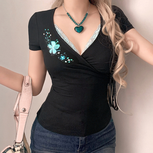 Vintage Retro Colorblock Floral Embroidery Sequins V Neck Tee Pure Sexy Flattering Waist Tie Lace Trim <b>Top</b> - Product Image 5