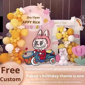 Décoration de fête d'<span class=keywords><strong>anniversaire</strong></span> pour enfants de un an, dessin animé Labbub, pour garçons et filles, panneau KT et ballons, fond de banquet pour cent jours - Product Image 4