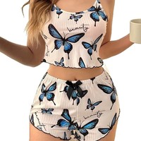 Ensemble pyjama imprimé papillon, haut à bretelles et short au-dessus du genou, confortable pour la maison et les sorties, design décontracté chic à la française