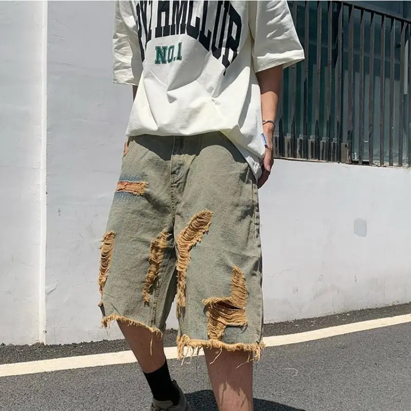 Streetwear Summer Distressed Fashion Shorts pantaloncini da uomo oversize in Denim Non elasticizzato
