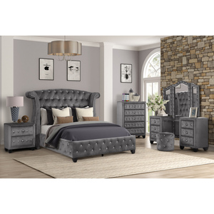 Sophia Modern Crystal Tufted 2 <b>Drawer</b> Nightstand Upholstered Velvet Gray Wood Base - Product Image 5