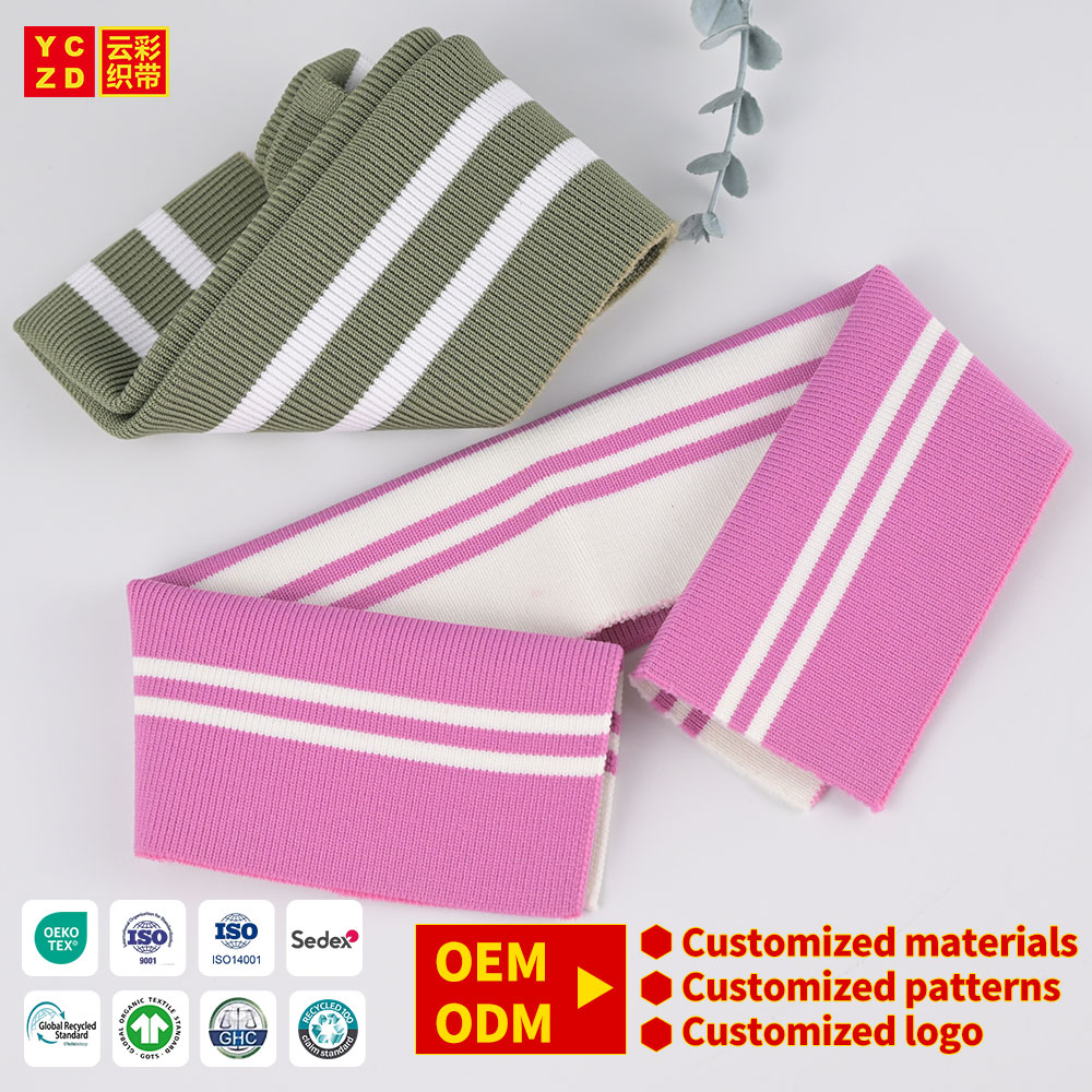 Factory OEM Cotton Knitted RIB Collar Webbing Custom Striped Ribbed Knit Cuffs Jacquard Tape RIB Knit Trim For Polo Clothing