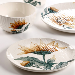 European and American French relief ceramic Western pastry plate, creative home flat plate bowl <b>cup</b> <b>set</b>, sunflower arrangement - Product Image 4