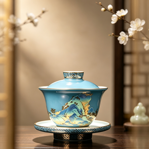 ชุดกิ่วอันเซรามิกจิ่งเต๋อเจิ้น พรีเมียม LONG ZHU GE ลายวิวทิวทัศน์แบบดั้งเดิม เป็นมิตรกับสิ่งแวดล้อม 3 ชิ้น (ฝา ชาม จานรอง) สำหรับชงชา กังชา - Product Image 1
