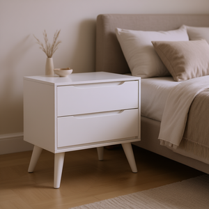 Mesa de Noche Moderna de Mediados de Siglo, de Madera Maciza Blanca, con 2 Cajones y Patas Cónicas, Mueble de Dormitorio para Apartamento - Product Image 2