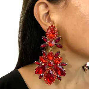 Fashion Wholesale Jewelry Hot Selling Red Crystal Zircon Pendant Earrings Exaggerate Super Flash Rhinestone Large Ruby Earrings