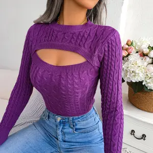 Jersey de punto elegante personalizado para mujer, Tops de manga larga con cuello en el pecho, suéter calado de Color sólido, novedad, venta al por mayor, primavera y otoño