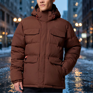 Men's Brown Hooded Puffer Jacket Windproof <b>Thick</b> Polyester <b>Winter</b> <b>Coat</b> With Stand Collar And Multiple Pockets Casual Style - Product Image 5