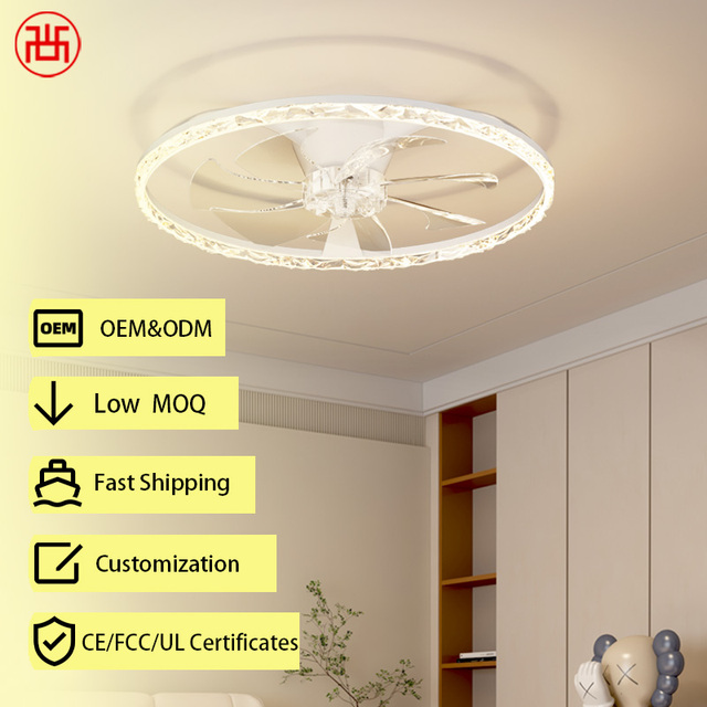 Flush Mount Acrylic DC Ceiling Fan Ultra Thin Design <30dB Quiet 7-Blade 3-Color Dimmable Modern Smart Remote/APP Household