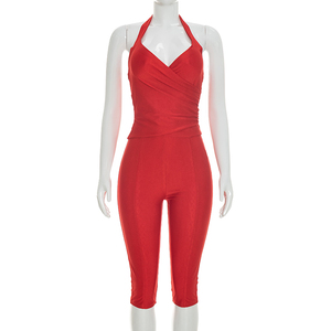 Viviblook Y26ST219 Women Summer <b>Set</b> <b>Sexy</b> Sleeveless Halter Lace Up Backless Tank Top Solid Color Cropped Pants Two Pieces <b>Set</b> - Product Image 3
