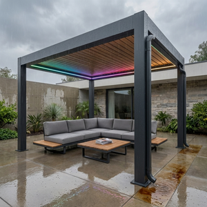 Pérgola Motorizada con Revestimiento de Madera, Pérgola Moderna de Aluminio para Exteriores con Control por Aplicación, Luz RGB y Sensor de Lluvia - Product Image 4