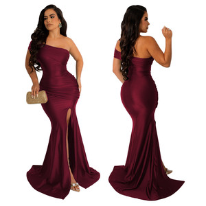 AL232 Best-selling Long Gown Evening <strong>Dress</strong> Slanted <strong>Collar</strong> Slit Ruched Elegant Party Gowns for <strong>Women</strong> Evening <strong>Dresses</strong> - Product Image 4