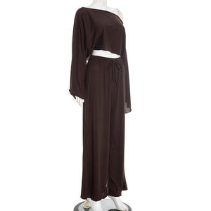 Viviblook Y25ST387 Women Two Piece <b>Set</b> New Slash Shoulder Long Sleeves Crop Top Loose Elastic Pants <b>Set</b> - Product Image 3