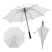 Parapluie promotionnel durable en RPET, tissu pongé blanc, manche en bois, ouverture automatique, fermeture manuelle, logo personnalisé imprimé