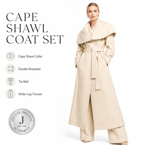 Ensemble Manteau et Pantalon en Laine Crème pour <span class=keywords><strong>Femme</strong></span>, Manteau Croisé à Col Châle Ceinturé avec Pantalon Large, Personnalisable OEM/ODM - Product Image 5