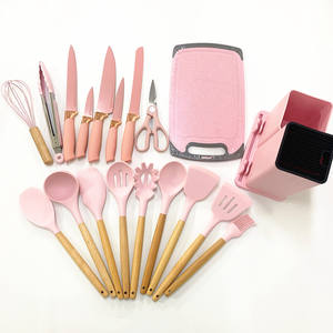 Juego de 19 Uds. Accesorios de cocina profesionales Cuchillos de chef Tijeras Herramientas de cocina Juego de utensilios de silicona rosa - Product Image 2