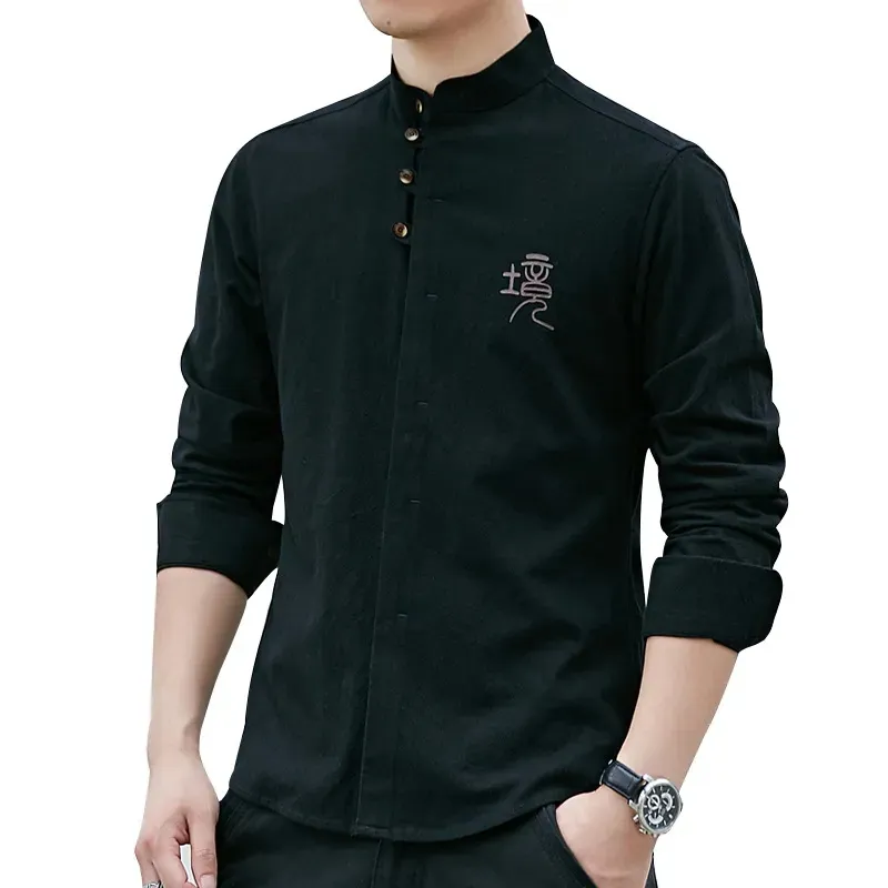 2023 traditionnel chinois hommes rétro chemise décontractée couverture en coton mâle col montant couleur unie Kung Fu vêtements tunique Tang costume