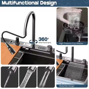 Évier de <span class=keywords><strong>cuisine</strong></span> intelligent en acier inoxydable 304 Nano moderne avec cascade, poste de travail, écran LED, lave-tasses intégré et porte-couteaux - Product Image 5