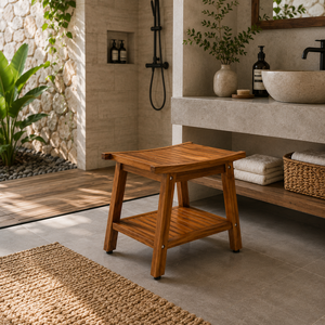 Tabouret de salle de bain moderne, durable et écologique, design peu encombrant, banc de douche en rotin et bois, multi-usage pour appartement - Product Image 3