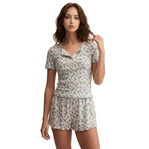 <strong>Women's</strong> Bamboo Fiber Floral Print Pajama Set Short Sleeve <strong>Henley</strong> <strong>Top</strong> with Ruffle Hem Shorts Loungewear Sleepwear - Product Image 1