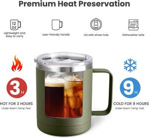 Taza de café de 14 oz con asa y tapa deslizante, vaso de viaje de acero inoxidable, taza de camping con aislamiento al vacío de doble pared - Product Image 3