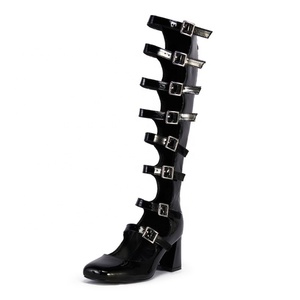 Summer Belt Buckles Women Knee High <b>Boots</b> Chunky Heels Patent Long Booties Sexy Square Toe Back Zipper Sandals Shoes - Product Image 3