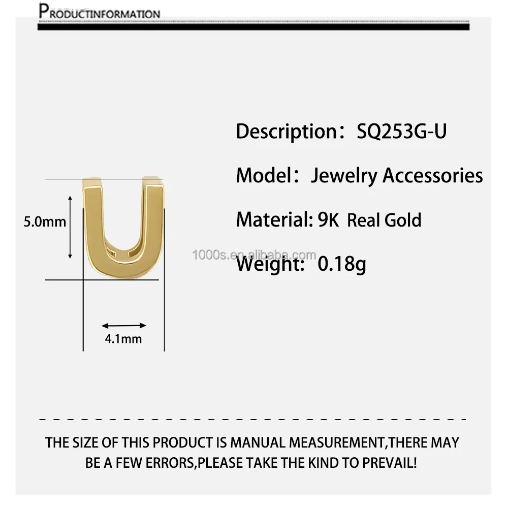 Fabriek Groothandel Sieraden Diy 9K Massief Gouden Alfabet Beginletter Charme Voor Armband Ketting