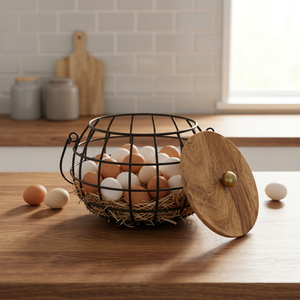 Panier de rangement rond en métal rustique avec couvercle pour cuisine, conteneur alimentaire, design en fer soudé, capacité 20-35L - Product Image 2