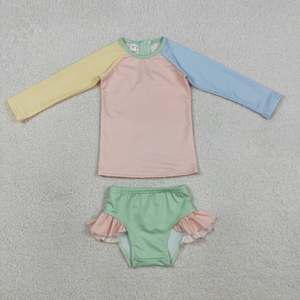Ensemble de maillots de bain pour bébés filles, écologiques, en spandex/polyester, manches courtes, jaune, bleu aqua, rose, patchwork - Product Image 2