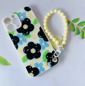 Custom design lanyard phone case for iphone 14 13 12 11 pro max with pearl bracelet hand strap back cover